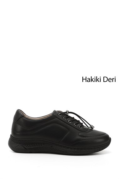 Kadın Siyah Bağcıklı Dolgu Taban Hakiki Deri Sneaker