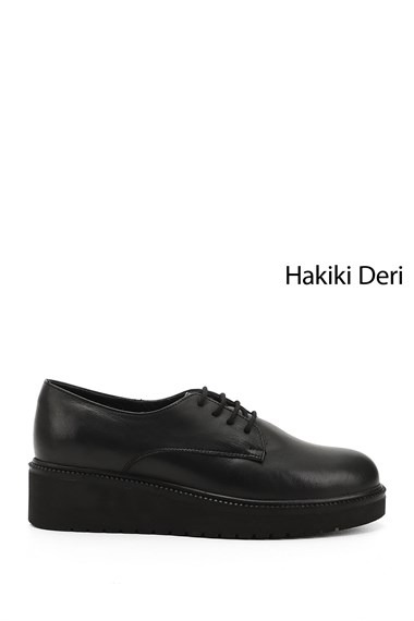 Kadın Siyah Bağcıklı Dolgu Taban Hakiki Deri Ayakkabı