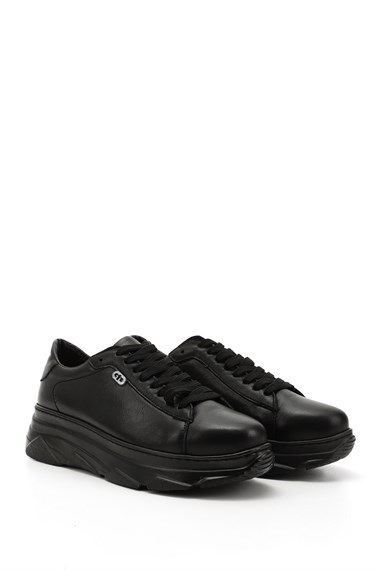 Kadın Siyah Bağcıklı Dolgu Taban Hakiki Deri Sneaker