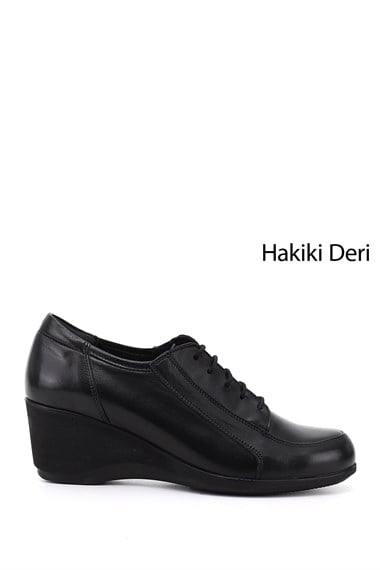 Kadın Siyah Bağcıklı Dolgu Taban Hakiki Deri Ayakkabı