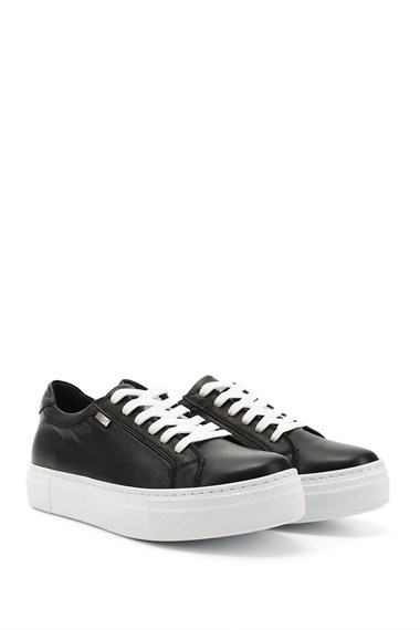 Kadın Siyah Bağcıklı Dolgu Taban Hakiki Deri Sneaker