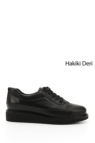 Kadın Siyah Bağcıklı Dolgu Taban  Hakiki Deri Ayakkabı