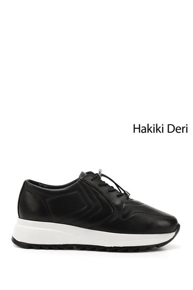 Kadın Siyah Bağcıklı Dolgu Taban Hakiki Deri Sneaker