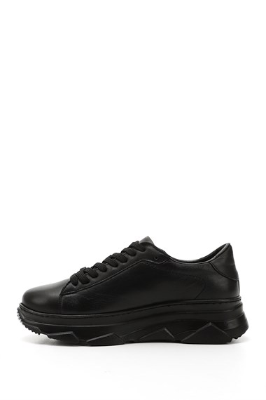 Kadın Siyah Bağcıklı Dolgu Taban Hakiki Deri Sneaker