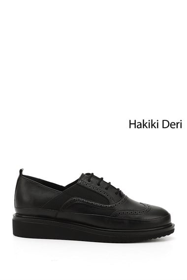 Kadın Siyah Bağcıklı Dolgu Taban Hakiki Deri Ayakkabı