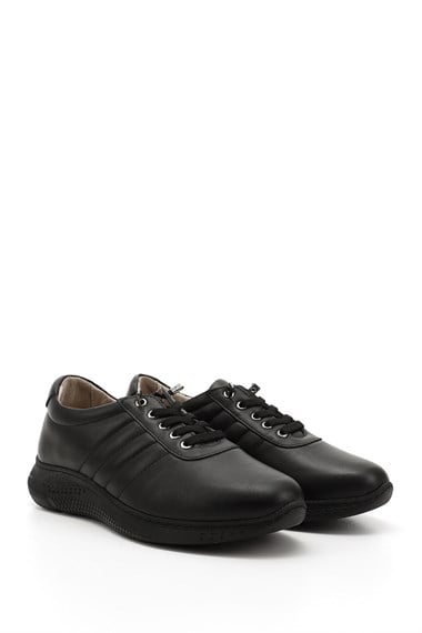 Kadın Siyah Bağcıklı Dolgu Taban Hakiki Deri Sneaker