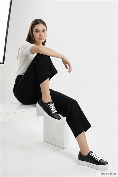 Women’s Black Laced Wedge Genuine Leather Sneaker