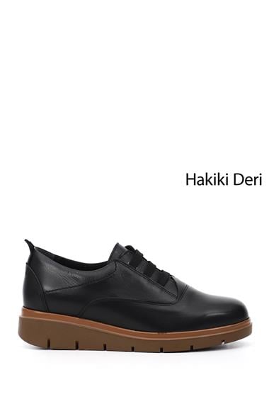 Kadın Siyah Bağcıklı Dolgu Taban Hakiki Deri Ayakkabı