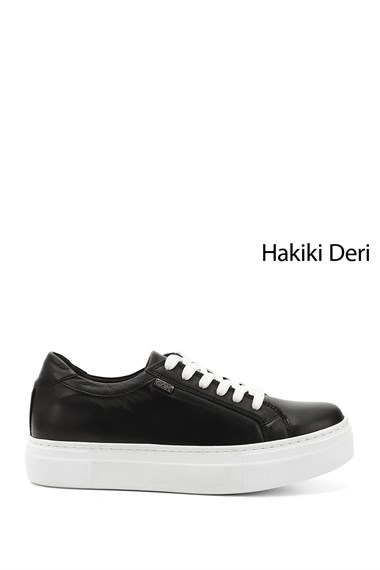 Kadın Siyah Bağcıklı Dolgu Taban Hakiki Deri Sneaker