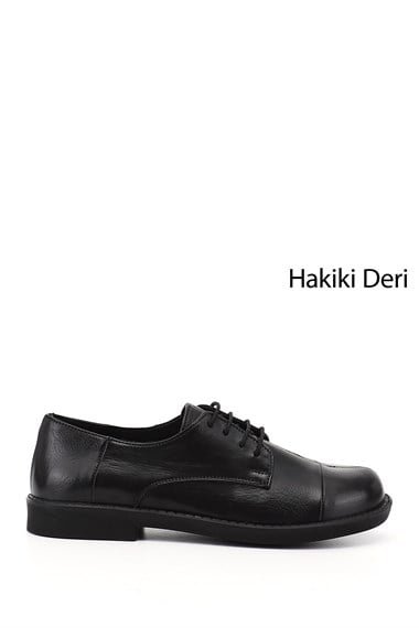 Kadın Siyah Bağcıklı Hakiki Deri Oxford Ayakkabı