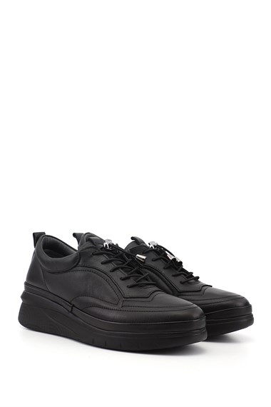Kadın Siyah Bağcıklı Hakiki Deri Sneaker