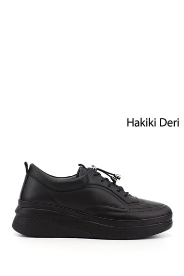 Kadın Siyah Bağcıklı Hakiki Deri Sneaker