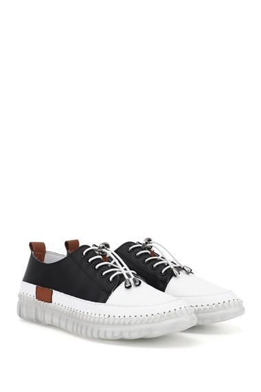 Kadın Siyah Bağcıklı Hakiki Deri Sneaker