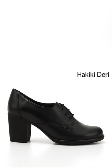 Kadın Siyah Bağcıklı Orta Kalın Topuklu Hakiki Deri Oxford Ayakkabı