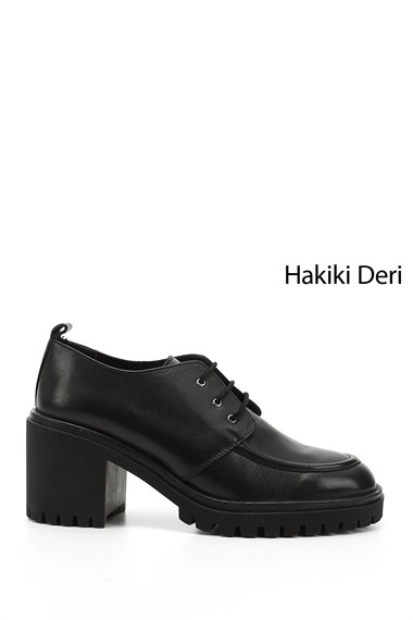Kadın Siyah Bağcıklı Orta Kalın Topuklu Hakiki Deri Ayakkabı