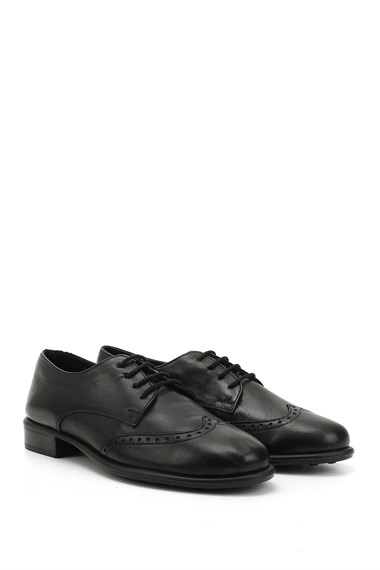 Womens Black Lace-Up Studded Genuine Leather Oxford Shoes