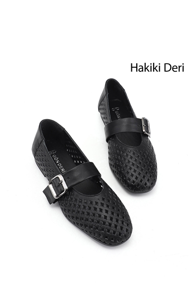 Kadın Siyah Baskılı Mary Jane Hakiki Deri Babet