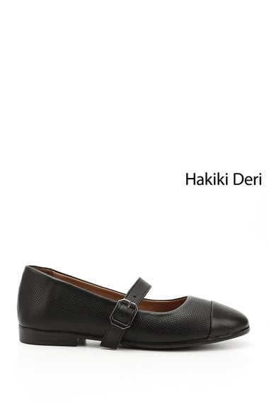 Womens Black Genuine Leather Ballerina Shoes with Ankle Straps