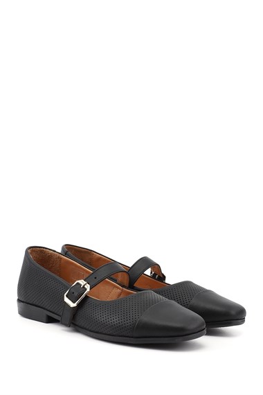 Womens Black Printed Mary Jane Genuine Leather Flat Shoes
