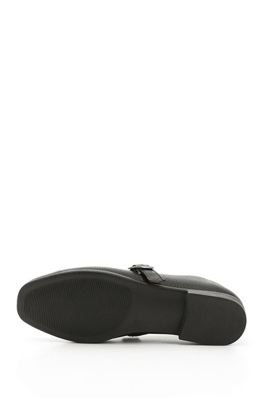 Womens Black Genuine Leather Ballerina Shoes with Ankle Straps