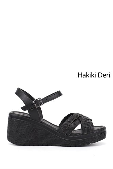 Kadın Siyah Bilek Bağlı Dolgu Topuk Hakiki Deri Sandalet