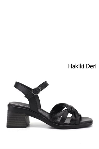 Kadın Siyah Bilek Bağlı Kalın Topuklu Hakiki Deri Sandalet