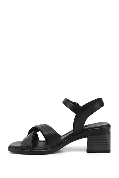 Kadın Siyah Bilek Bağlı Kalın Topuklu Hakiki Deri Sandalet