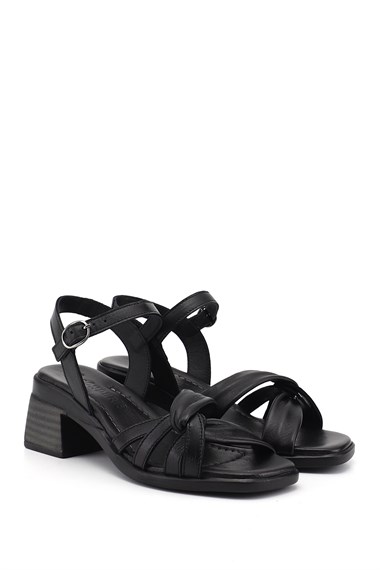 Kadın Siyah Bilek Bağlı Kalın Topuklu Hakiki Deri Sandalet