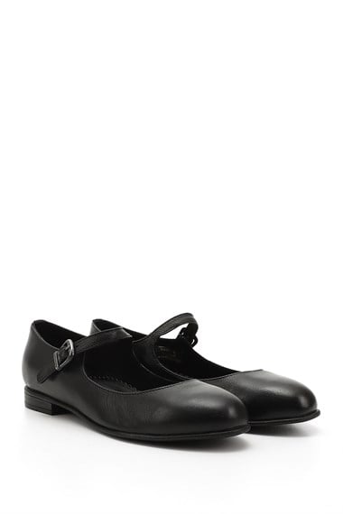 Womens Black Ankle-tied Genuine Leather Ballerina