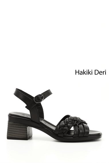 Kadın Siyah Bilek Bağlı Örgü Bantlı Hakiki Deri Sandalet