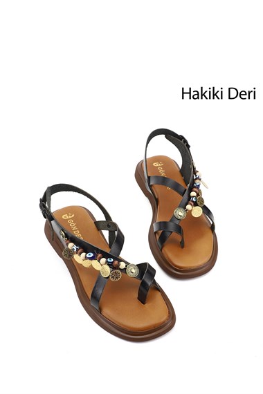 Kadın Siyah Boncuklu Parmak Arası Hakiki Deri Sandalet