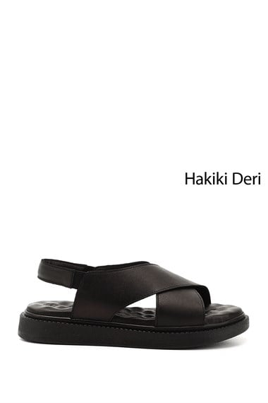 Kadın Siyah Çapraz Bantlı Dolgu Taban Hakiki Deri Comfort Sandalet