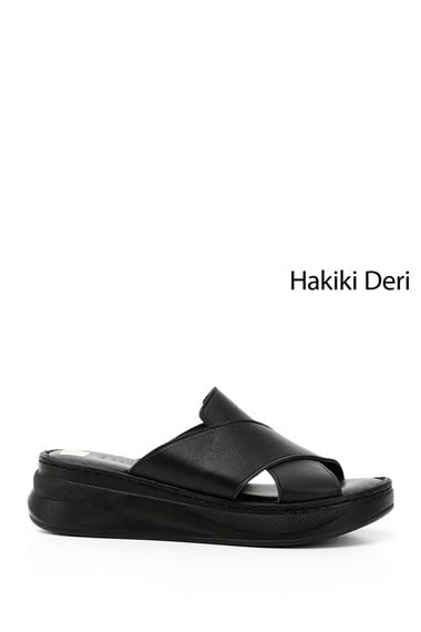 Kadın Siyah Çapraz Bantlı Dolgu Topuk Hakiki Deri Comfort Terlik