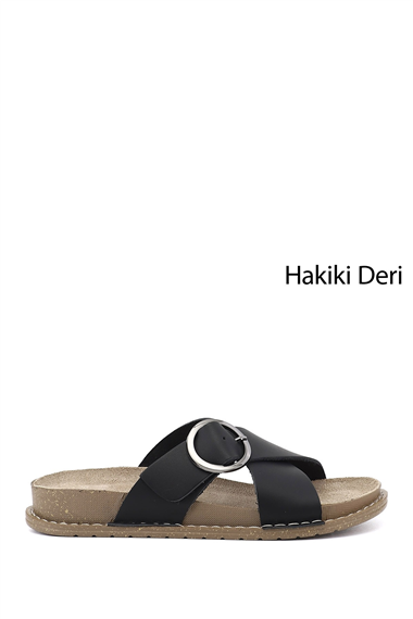 Kadın Siyah Çapraz Bantlı Hakiki Deri Terlik