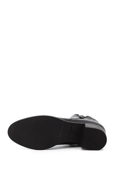 Womens Black Double Zipper Thick Heel Genuine Leather Boots