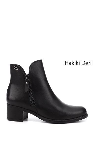 Kadın Siyah Çift Fermuarlı Kalın Topuklu Hakiki Deri Bot