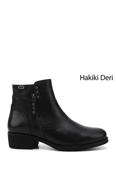 Kadın Siyah Çift Fermuarlı Kauçuk Taban Hakiki Deri Bot