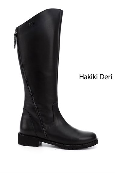 Kadın Siyah Çift Fermuarlı Kauçuk Taban Hakiki Deri Çizme