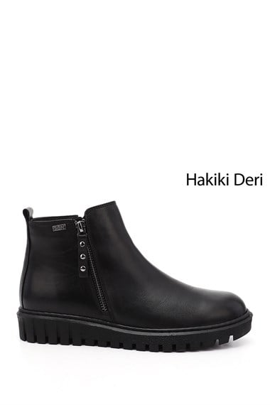 Kadın Siyah Çift Fermuarlı Termo Taban Hakiki Deri Bot