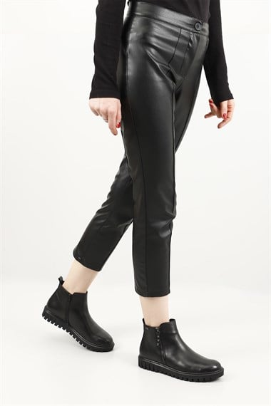 Kadın Siyah Çift Fermuarlı Termo Taban Hakiki Deri Bot