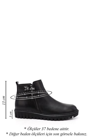 Kadın Siyah Çift Fermuarlı Termo Taban Hakiki Deri Bot