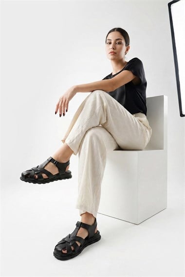 Womens Black Velcro Closed Toe Genuine Leather Sandals