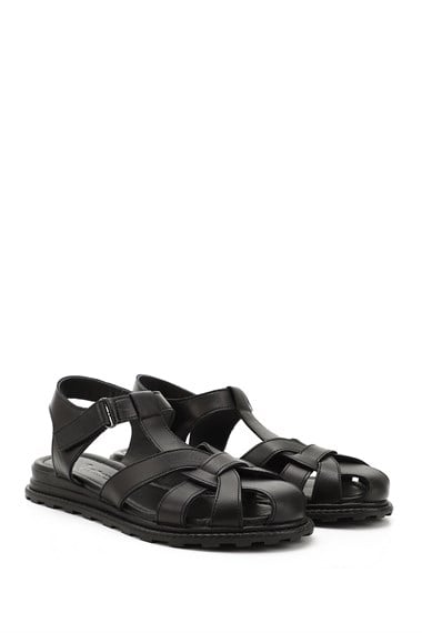 Womens Black Velcro Closed Toe Genuine Leather Sandals