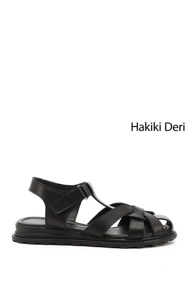 Womens Black Velcro Closed Toe Genuine Leather Sandals