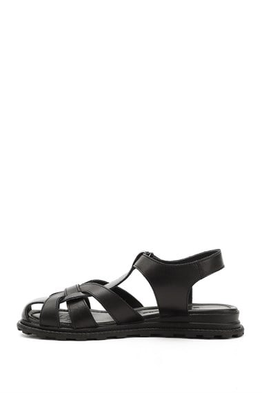 Womens Black Velcro Closed Toe Genuine Leather Sandals