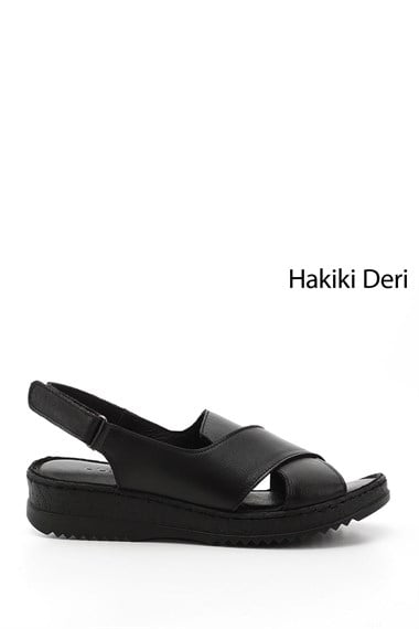 Kadın Siyah Cırt Bantlı Dolgu Topuk Hakiki Deri Sandalet