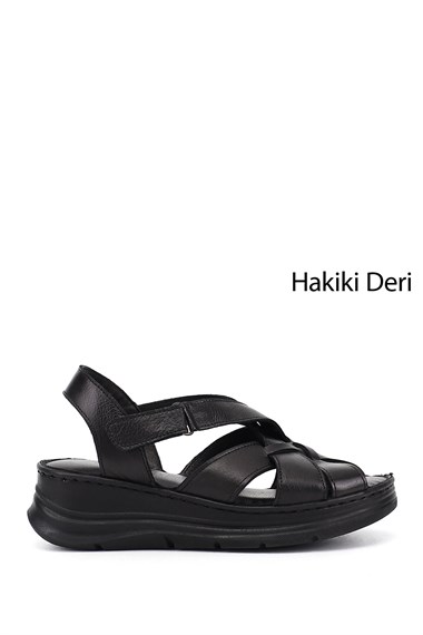 Kadın Siyah Cırt Bantlı Dolgu Topuk Hakiki Deri Sandalet