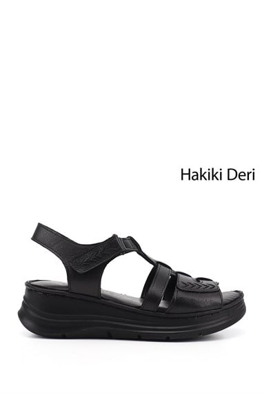 Kadın Siyah Cırt Bantlı Dolgu Topuk Hakiki Deri Sandalet
