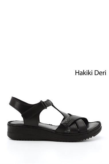Kadın Siyah Cırt Bantlı Dolgu Topuk Hakiki Deri Sandalet