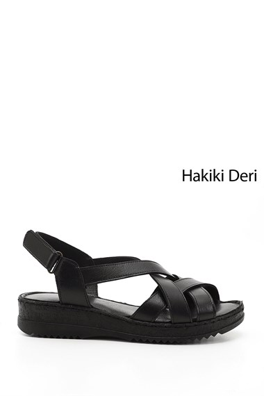 Kadın Siyah Cırt Bantlı Dolgu Topuk Hakiki Deri Sandalet